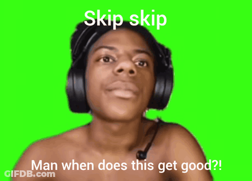 A Shirtless Man Wearing Headphones With The Words Skip Skip Man When Does This Get Good Written Below Him GIF