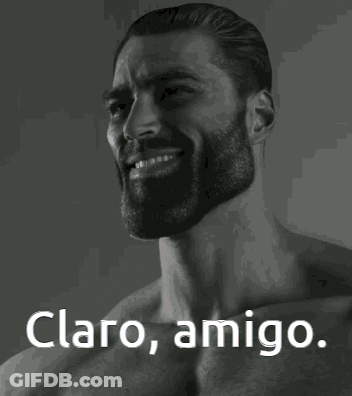 A Shirtless Man With A Beard Is Smiling In A Black And White Photo With The Words Claro Amigo . GIF