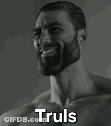 A Shirtless Man With A Beard Is Smiling In A Black And White Photo With The Words Truls . GIF