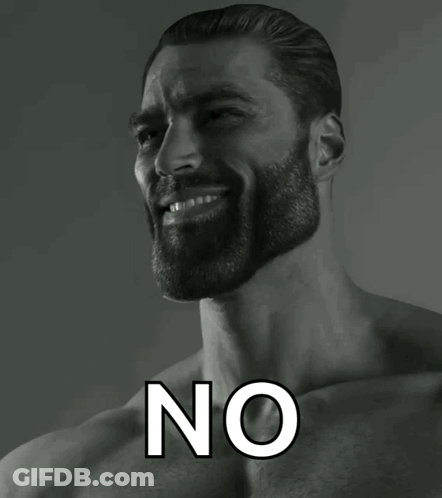 A Shirtless Man With A Beard Is Smiling With The Word No Above His Chest GIF