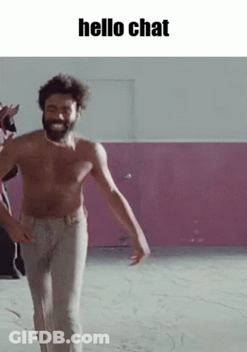 A Shirtless Man With A Beard Is Walking In Front Of A Pink Wall With The Words Hello Chat Above Him . GIF