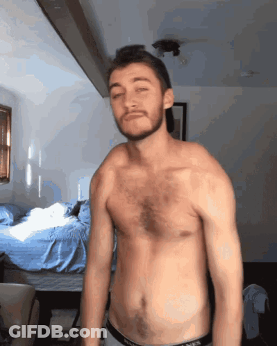 A Shirtless Man With A Beard Is Wearing A Pair Of Boxer Briefs With The Word Ness On Them GIF