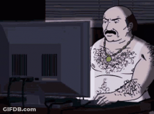 Man Shirtless With Mustache Sitting By Computer GIF