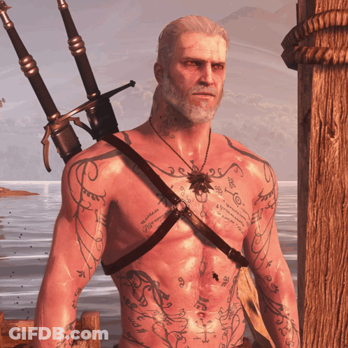 A Shirtless Man With A Sword On His Shoulder Has A Tattoo On His Chest That Says " I Love You " GIF