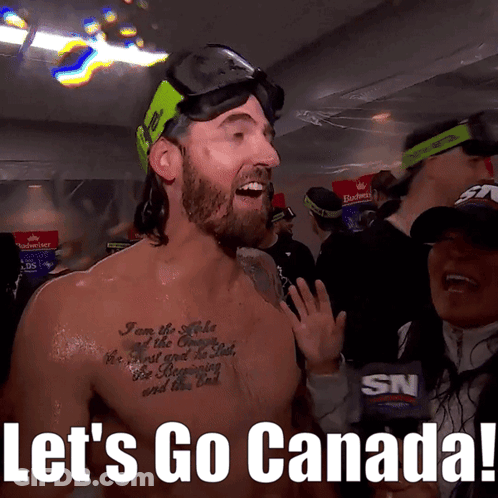 A Shirtless Man With A Tattoo On His Chest And The Words Let 'S Go Canada On The Bottom GIF