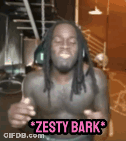 A Shirtless Man With Dreadlocks Is Wearing Headphones And Says Zesty Bark In Pink Letters GIF