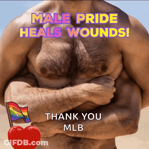 A Shirtless Man With His Arms Crossed And The Words Male Pride Heals Wounds GIF
