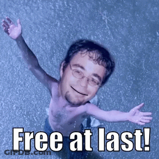 A Shirtless Man With His Arms Outstretched And The Words Free At Last Written Below Him GIF