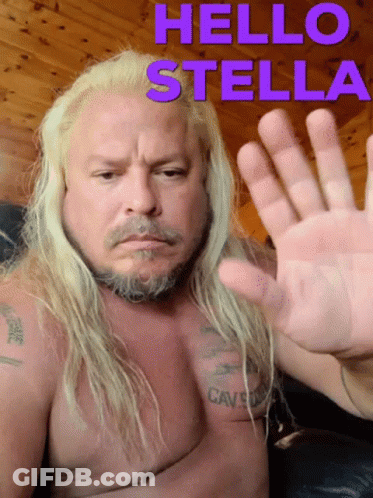 A Shirtless Man With Long Blonde Hair And A Beard Waves His Hand In Front Of A Sign That Says Hello Stella GIF