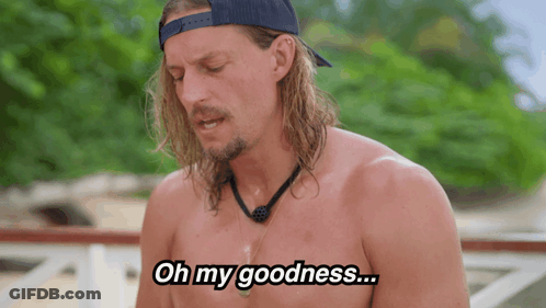 A Shirtless Man With Long Hair And A Hat Says " Oh My Goodness " GIF