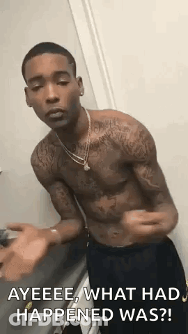 A Shirtless Man With Tattoos On His Arms And Chest Is Standing In A Room . GIF
