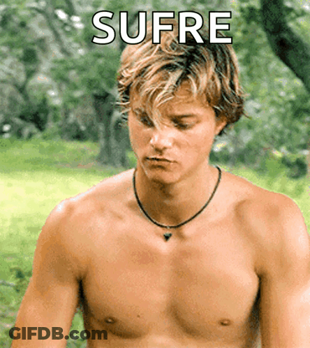 A Shirtless Man With The Word Sufre Written On The Bottom GIF