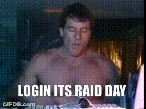 A Shirtless Man With The Words Login Its Raid Day Written Below Him GIF