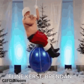 A Shirtless Santa Claus Is Balancing On A Blue Christmas Ball GIF