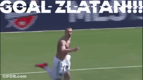 A Shirtless Soccer Player Is Jumping In The Air With The Words Goal Zlatan Written Behind Him GIF