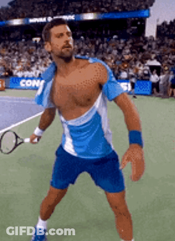 A Shirtless Tennis Player Is Holding A Tennis Racquet On A Court . GIF
