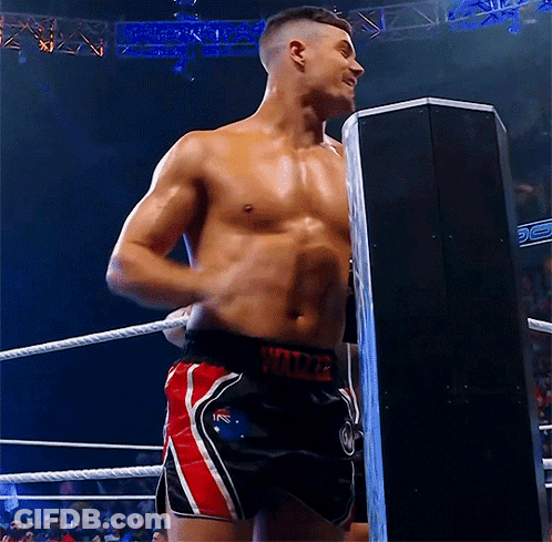 A Shirtless Wrestler In A Boxing Ring Is Wearing Shorts With The Word Wilde On The Side GIF