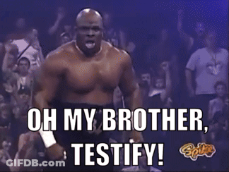 A Shirtless Wrestler Is Standing In Front Of A Crowd And Says Oh My Brother Testify GIF