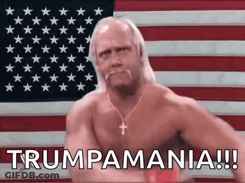 A Shirtless Wrestler Is Standing In Front Of An American Flag And Says Trumpamania ! GIF