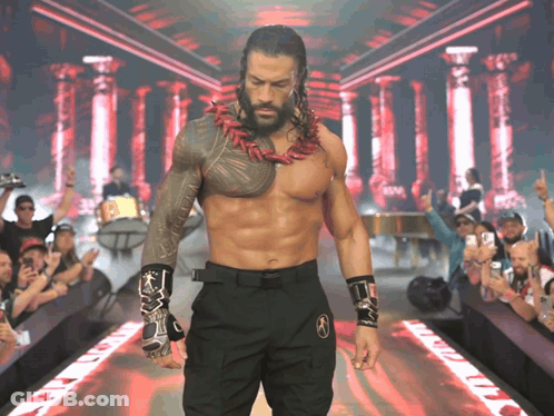 A Shirtless Wrestler Is Walking Down A Ramp With A Crowd Watching GIF