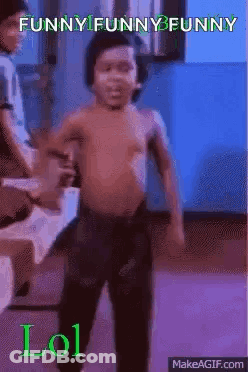 A Shirtless Young Boy Is Dancing In A Room With His Hands In The Air . GIF
