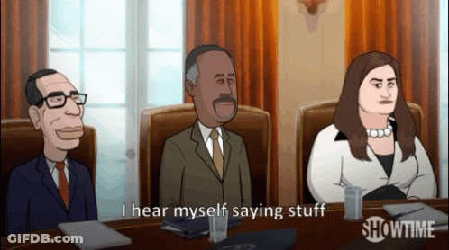 A Showtime Cartoon Shows Three People Sitting Around A Table GIF