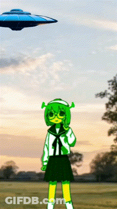 A Shrek Girl Is Standing In A Field With A Ufo In The Background GIF