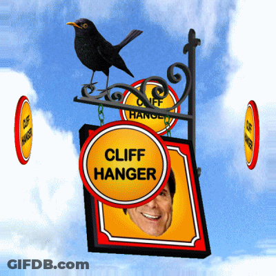 A Sign For Cliff Hanger With A Bird On Top GIF