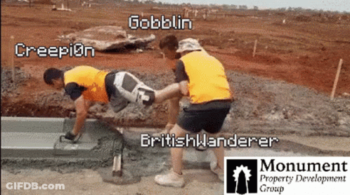 A Sign For Monument Property Development Group Shows A Group Of People Working On A Construction Site GIF