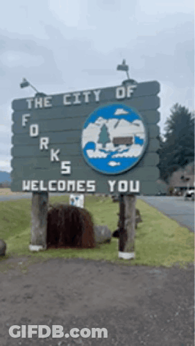 A Sign For The City Of Forks Welcomes Visitors GIF