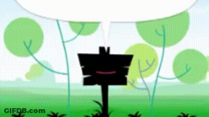 A Sign In A Field With Trees In The Background And A Speech Bubble . GIF