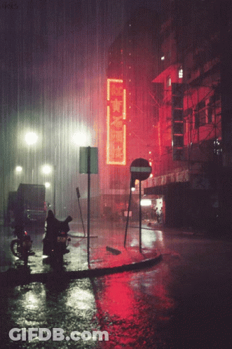 A Sign That Has Chinese Writing On It Is Lit Up In The Rain GIF