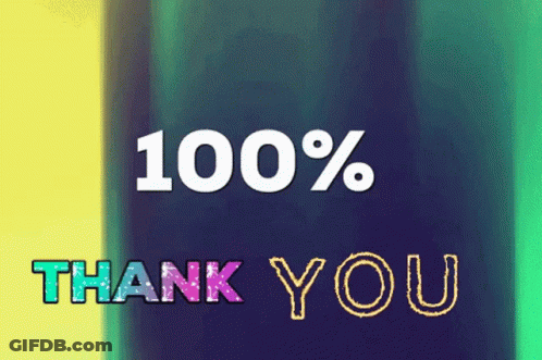 A Sign That Says 100 % Thank You On A Blue And Yellow Background GIF