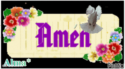 A Sign That Says Amen Is Surrounded By Flowers And A Dove GIF