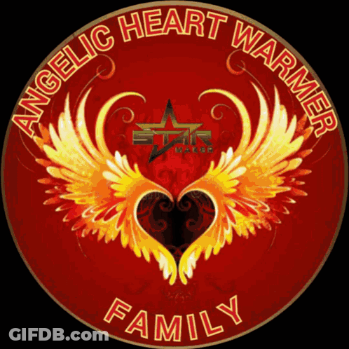 A Sign That Says Angelic Heart Warmer Family With Flaming Wings GIF