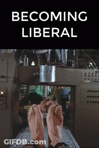 A Sign That Says Becoming Liberal With A Picture Of Feet On A Conveyor Belt GIF