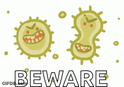 A Sign That Says Beware With A Picture Of A Virus GIF