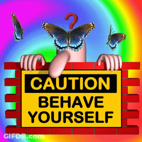A Sign That Says Caution Behave Yourself With A Butterfly GIF