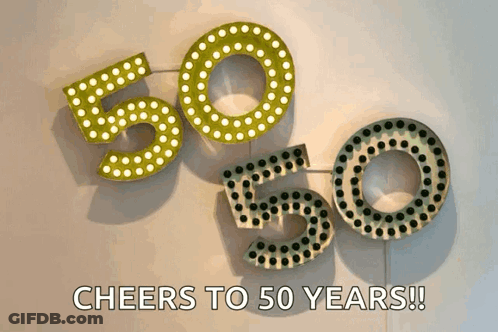 A Sign That Says Cheers To 50 Years Is Hanging On A Wall GIF