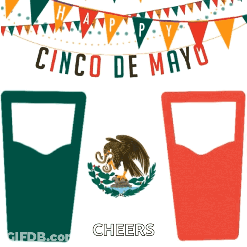 A Sign That Says Cinco De Mayo Cheers With Two Glasses GIF