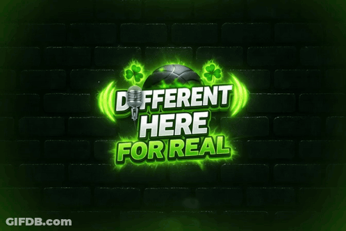 A Sign That Says Different Here For Real With A Microphone And Shamrocks GIF
