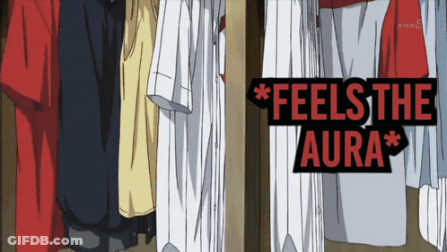 A Sign That Says Feels The Aura Hangs In A Closet GIF