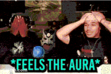 A Sign That Says " Feels The Aura " With A Man Holding His Head GIF
