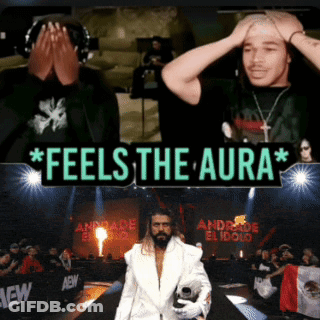 A Sign That Says " Feels The Aura " With A Man In A White Coat GIF