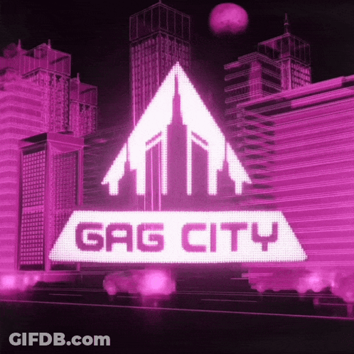 A Sign That Says Gag City In Front Of A City Skyline GIF