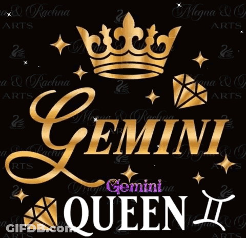 A Sign That Says Gemini Queen With A Gold Crown GIF