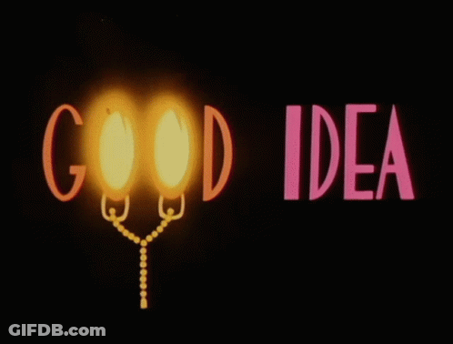A Sign That Says " Good Idea " With A Light Coming Out Of It GIF