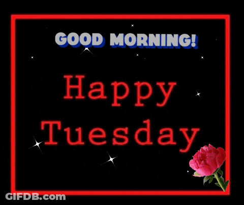 A Sign That Says Good Morning Happy Tuesday With A Pink Flower GIF