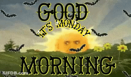 A Sign That Says " Good Morning " With A Sun And Bats In The Background GIF