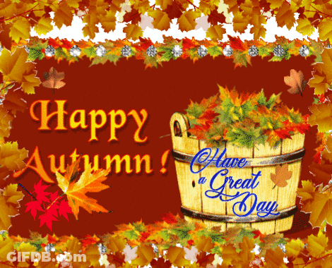 A Sign That Says Happy Autumn And Has A Bucket Full Of Leaves GIF